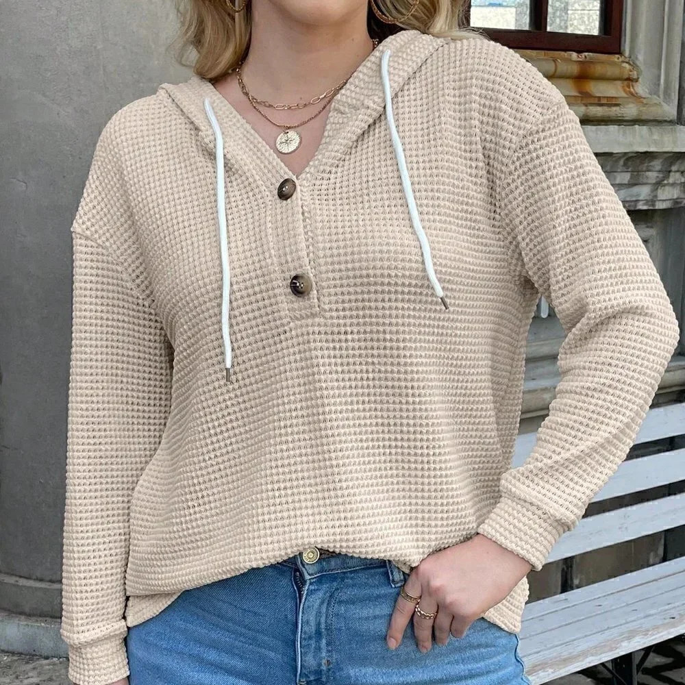Casual Half Button Drop Shoulder Drawstring Hoodie Apricot